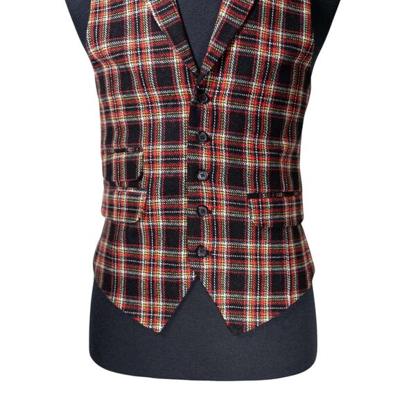 Mens Tartan Plaid Vest 40R Black Orange Wool Waistcoat Wedding Prom Formal Party - Picture 5 of 9
